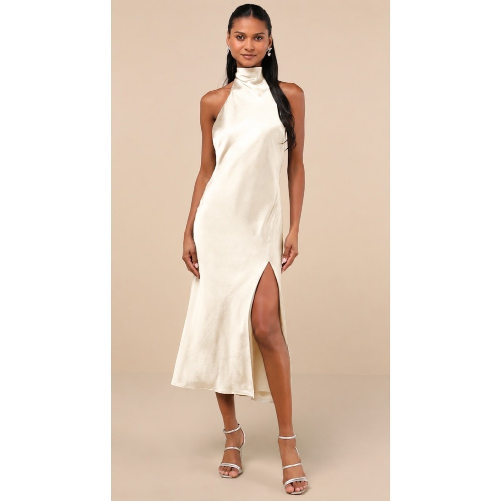 Lulus Exceptional Status Midi Dress Womens Medium Cream Halter Backless Slip NWT